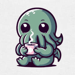 cthulhu istuu kahvikupin kanssa.